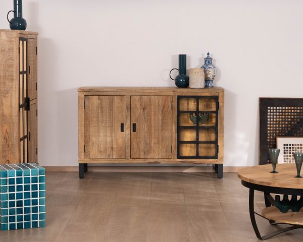 Bahut en manguier massif 3 portes avec vitrine "Manelo" 145 cm