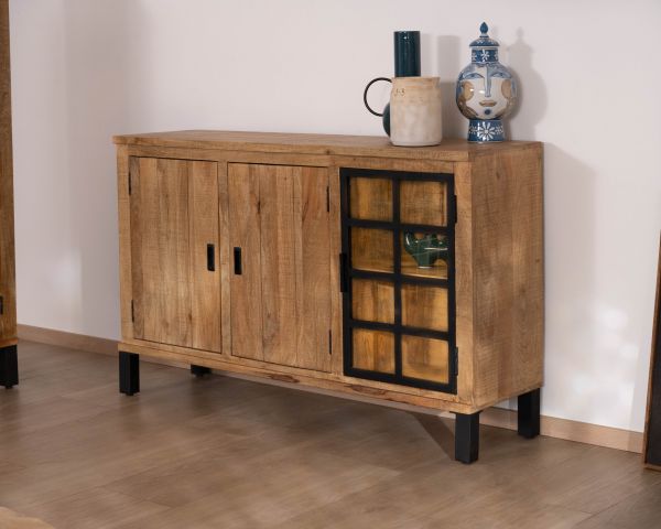 Bahut en manguier massif 3 portes avec vitrine "Manelo" 145 cm