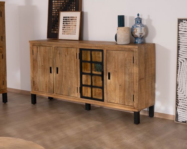 Buffet contemporain en manguier massif 3 portes avec vitrine "Manelo" 175 cm