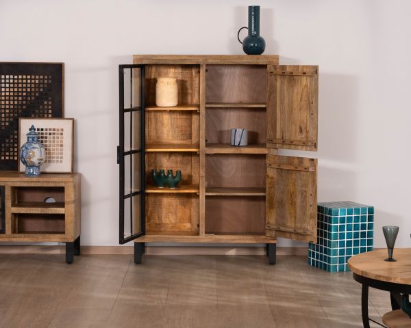 Meuble de rangement contemporain avec porte vitrée et éclairage LED "Manelo" en manguier massif