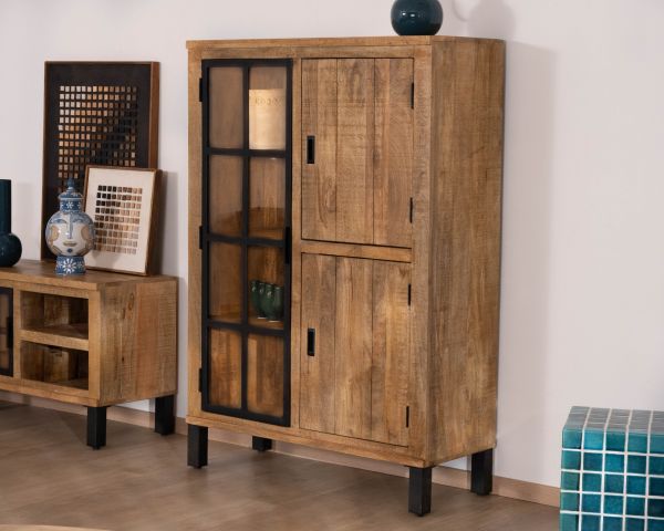 Meuble de rangement contemporain avec porte vitrée et éclairage LED "Manelo" en manguier massif