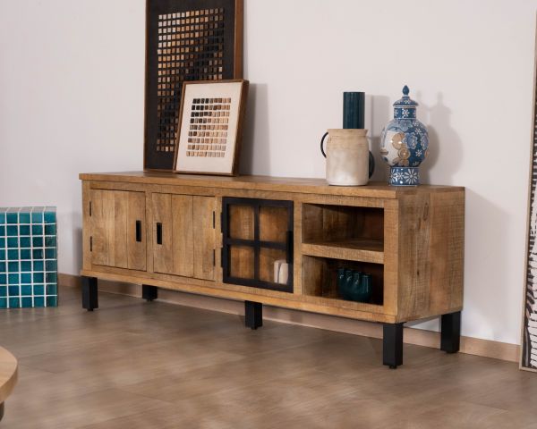 Meuble télé contemporain en manguier massif avec porte vitrée "Manelo" 175 cm