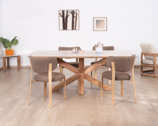 Table de jardin 240 cm en teck massif plateau céramique effet travertin "Avenor" piètement étoile