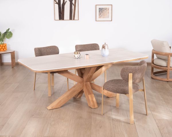 Table de jardin 240 cm en teck massif plateau céramique effet travertin "Avenor" piètement étoile
