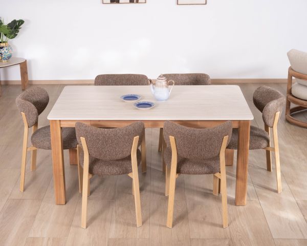 Table à manger 200 cm esprit campagne chic "Arvik" en teck massif et céramique effet travertin