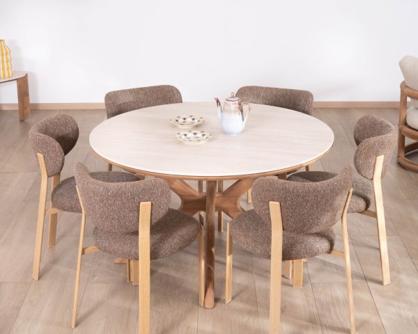 Table ronde intérieur ou extérieur 130 cm "Elsen" en teck massif plateau céramique effet travertin