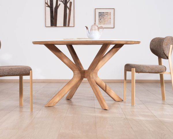 Table ronde intérieur ou extérieur 130 cm "Elsen" en teck massif plateau céramique effet travertin
