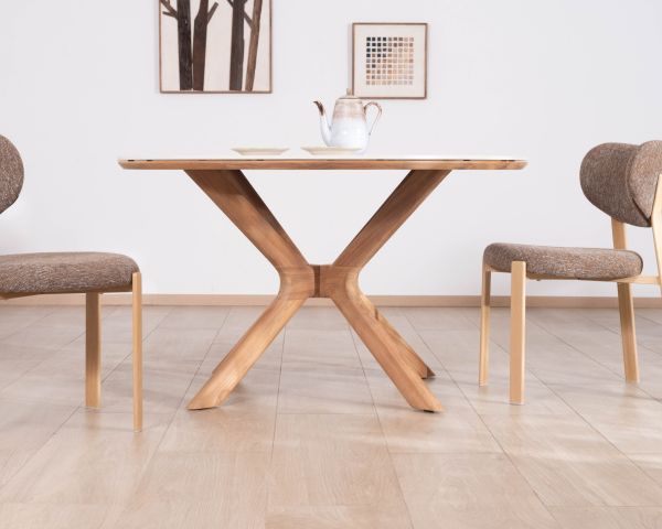 Table ronde intérieur ou extérieur 130 cm "Elsen" en teck massif plateau céramique effet travertin