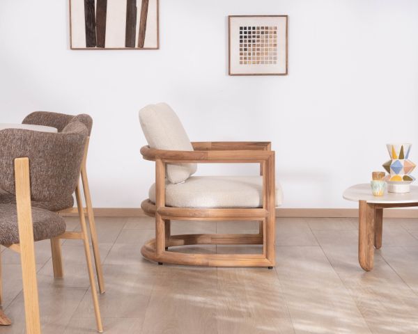 Fauteuil lounge en teck massif "Alizé" avec coussins bouclette écru – intérieur/extérieur