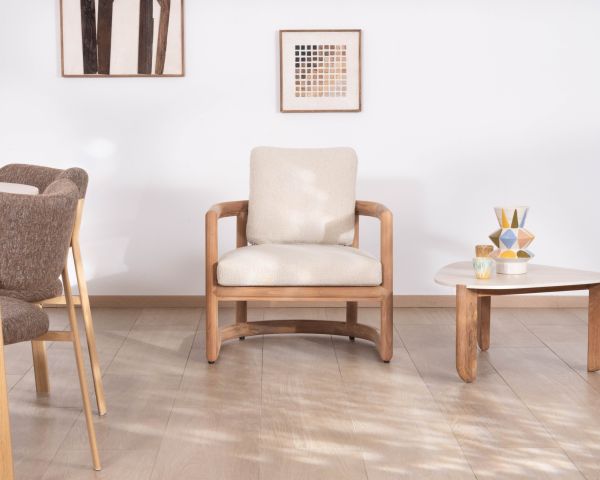 Fauteuil lounge en teck massif "Alizé" avec coussins bouclette écru – intérieur/extérieur