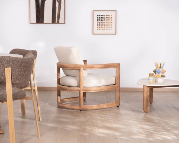 Fauteuil lounge en teck massif "Alizé" avec coussins bouclette écru – intérieur/extérieur