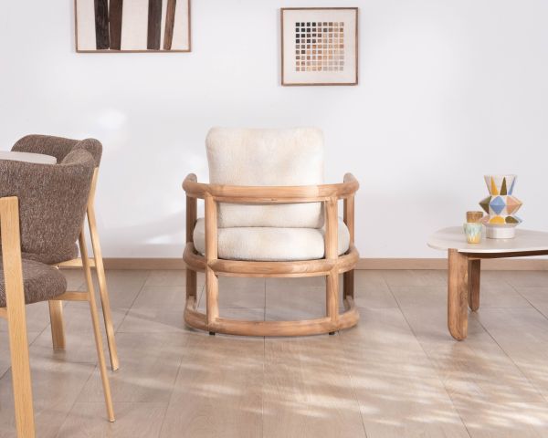 Fauteuil lounge en teck massif "Alizé" avec coussins bouclette écru – intérieur/extérieur