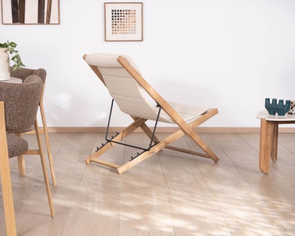 Chilienne matelassée en tissu bouclette écru et teck massif "Alizé" intérieur/extérieur