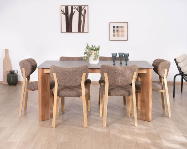 Table de repas 200 cm plateau céramique gris effet béton "Merik" en teck massif