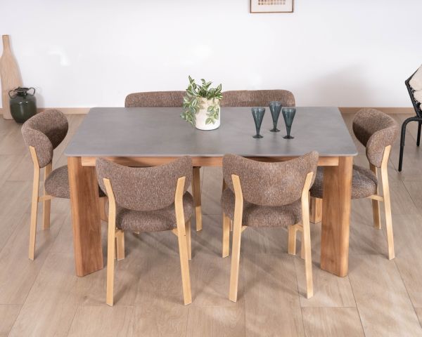 Table de repas 200 cm plateau céramique gris effet béton "Merik" en teck massif