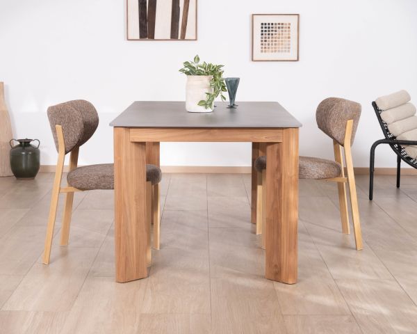 Table de repas 160 cm plateau céramique gris effet béton "Merik" en teck massif
