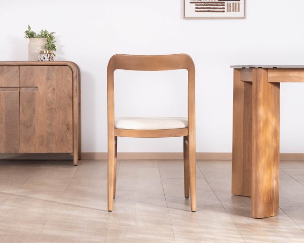 Chaise de repas design épuré en bois teinté noyer et assise tissu crème "Vogue"