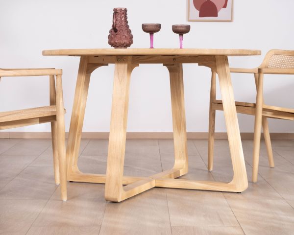 Table de repas ronde 120 cm et pieds trapèze en bois blanchi "Calypso"