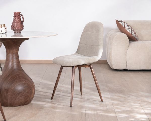 Lot de 4 chaises pivotantes rétro-contemporaines "Noma" en tissu grège chiné, pieds décor noyer