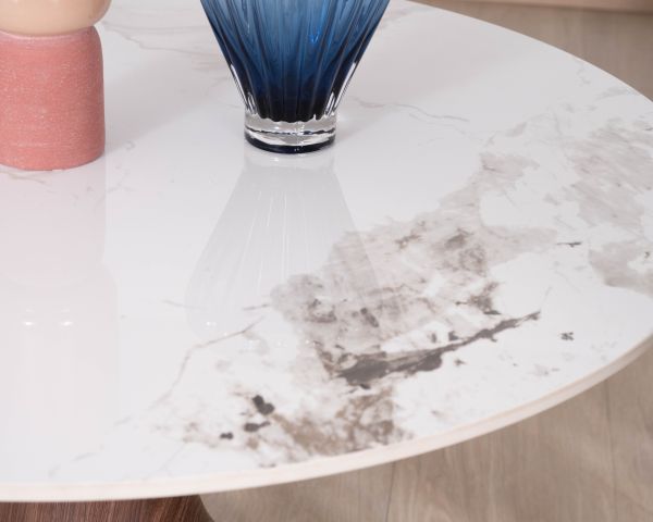 Table de repas esprit scandinave plateau rond en céramique "Cyléa" piètement effet bois
