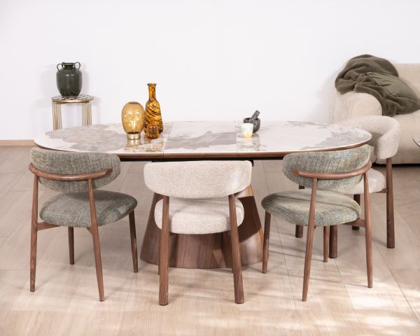 Table de repas extensible 160-200 cm plateau céramique effet pierre naturelle "Oria" piètement aspect noyer