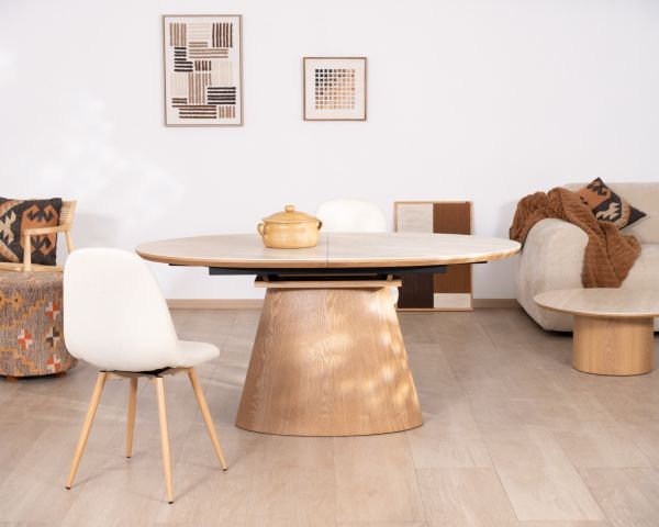 Table de repas extensible 160-200 cm plateau céramique effet travertin "Oria" piètement aspect chêne clair