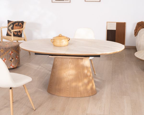 Table de repas extensible 160-200 cm plateau céramique effet travertin "Oria" piètement aspect chêne clair