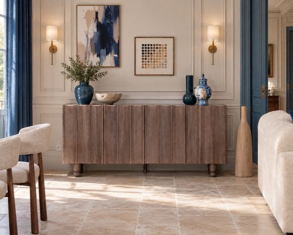Enfilade 4 portes en manguier massif et marbre beige veiné "Manon" à façades cannelées