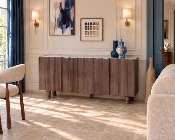 Enfilade 4 portes en manguier massif et marbre beige veiné "Manon" à façades cannelées