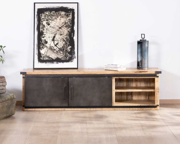 Meuble TV Bas HWC-O40 – 120x49x40 Cm, Portes Coulissantes, Tiroir, MDF Mélaminé – Design Naturel, Pieds Métal, Charge 50kg