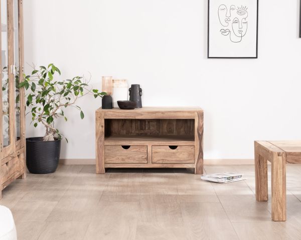 Petit meuble télé compact et fonctionnel en palissandre "Kalanohé" niche et 2 tiroirs