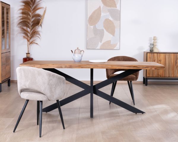 Table de repas contemporaine en bois 200 cm "Olonie" pieds croisés en métal