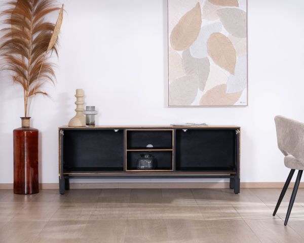 Meuble télé 175 cm bicolore contemporain "Olonie" en teck naturel et métal