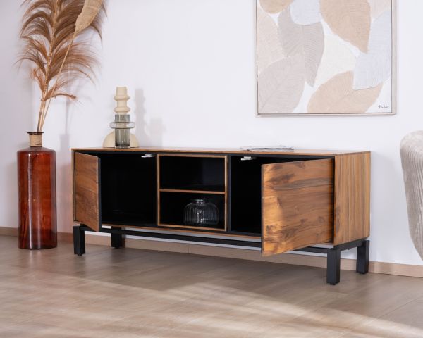 Meuble télé 175 cm bicolore contemporain "Olonie" en teck naturel et métal