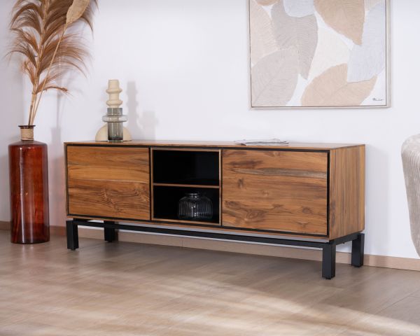 Meuble télé 175 cm bicolore contemporain "Olonie" en teck naturel et métal