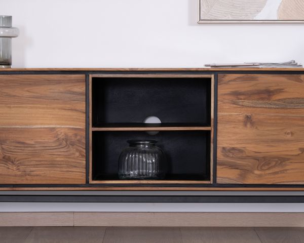 Meuble télé 175 cm bicolore contemporain "Olonie" en teck naturel et métal