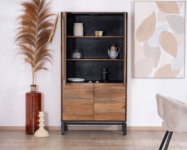 Petit vaisselier vitré esprit contemporain "Olonie" en teck naturel, acacia et métal noir