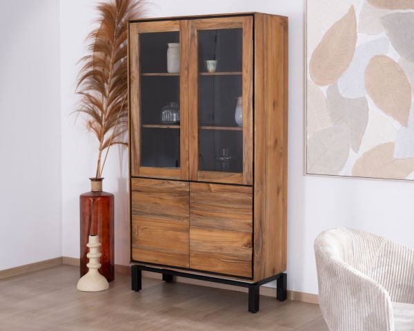 Petit vaisselier vitré esprit contemporain "Olonie" en teck naturel, acacia et métal noir
