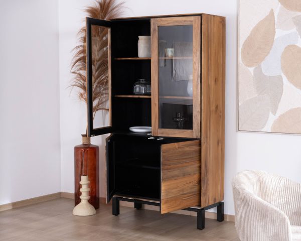 Petit vaisselier vitré esprit contemporain "Olonie" en teck naturel, acacia et métal noir