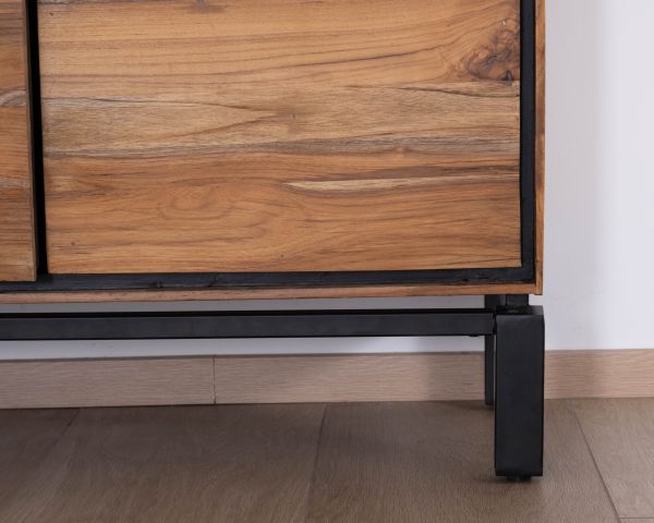 Petit vaisselier vitré esprit contemporain "Olonie" en teck naturel, acacia et métal noir