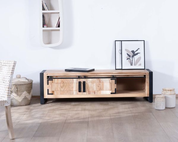 Meuble TV industriel 180 cm bois et métal 2 portes 2 niches "Montréal"