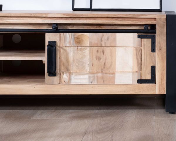 Meuble TV industriel 180 cm bois et métal 2 portes 2 niches "Montréal"