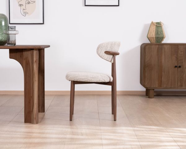 Lot de 2 chaises de repas rétro en tissu tramé beige et marron "Arpège" pieds métal aspect noyer