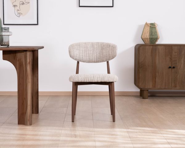 Lot de 2 chaises de repas rétro en tissu tramé beige et marron "Arpège" pieds métal aspect noyer
