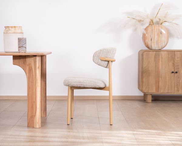 Lot de 2 chaises de repas esprit rétro en tissu beige tramé marron "Arpège" pieds métal aspect bois clair