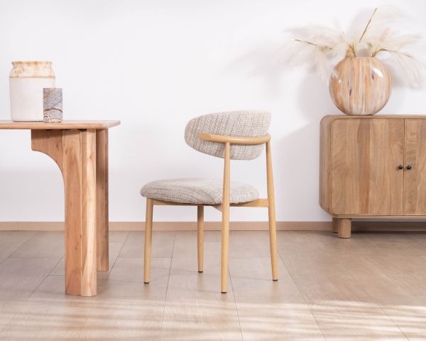 Lot de 2 chaises de repas esprit rétro en tissu beige tramé marron "Arpège" pieds métal aspect bois clair