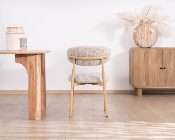 Lot de 2 chaises de repas esprit rétro en tissu beige tramé marron "Arpège" pieds métal aspect bois clair