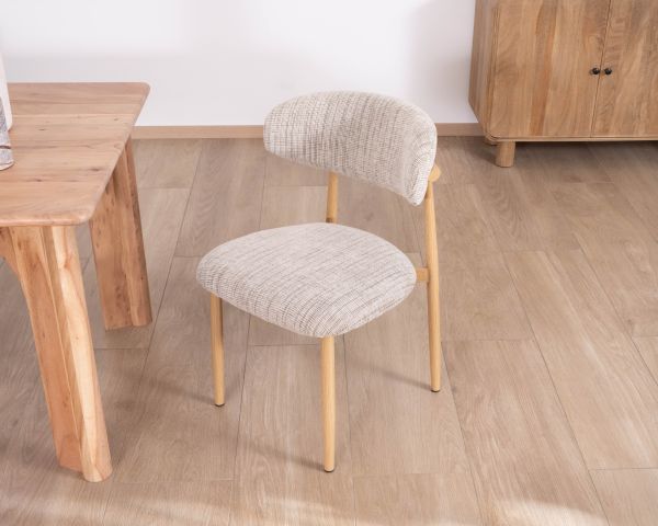 Lot de 2 chaises de repas esprit rétro en tissu beige tramé marron "Arpège" pieds métal aspect bois clair