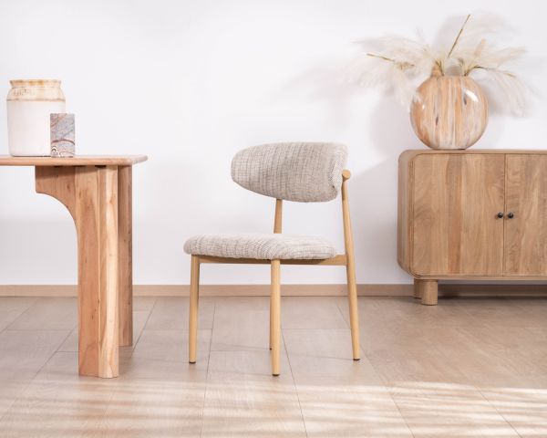 Lot de 2 chaises de repas esprit rétro en tissu beige tramé marron "Arpège" pieds métal aspect bois clair