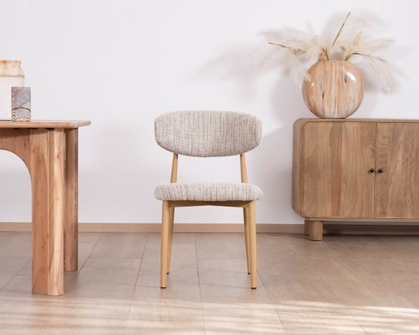 Lot de 2 chaises de repas esprit rétro en tissu beige tramé marron "Arpège" pieds métal aspect bois clair